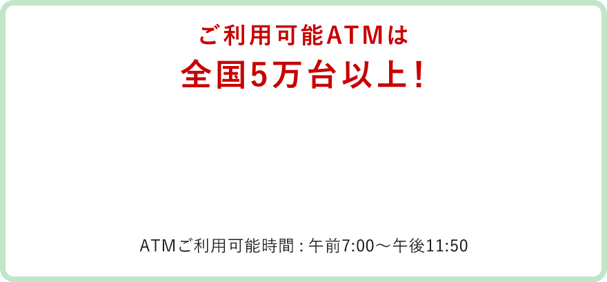 利用可能ATMは全国5万台以上！ATMご利用可能時間：午前7:00～午後11:50